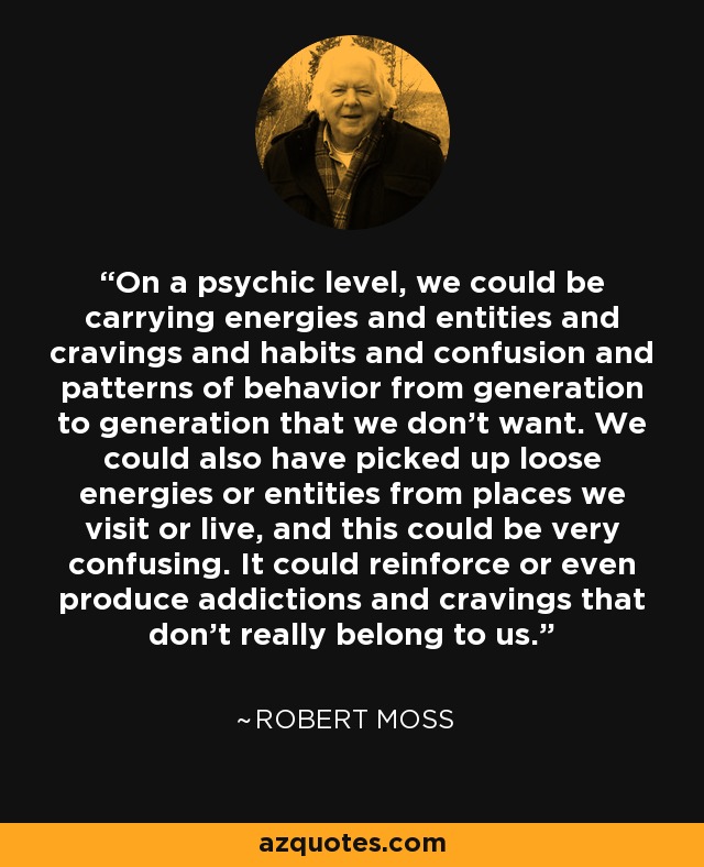 On a psychic level, we could be carrying energies and entities and cravings and habits and confusion and patterns of behavior from generation to generation that we don't want. We could also have picked up loose energies or entities from places we visit or live, and this could be very confusing. It could reinforce or even produce addictions and cravings that don't really belong to us. - Robert Moss