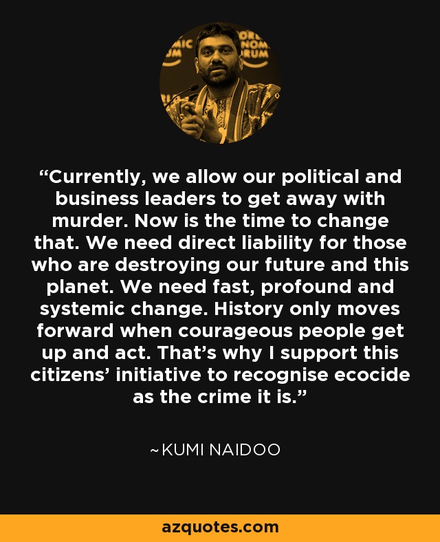 Currently, we allow our political and business leaders to get away with murder. Now is the time to change that. We need direct liability for those who are destroying our future and this planet. We need fast, profound and systemic change. History only moves forward when courageous people get up and act. That's why I support this citizens' initiative to recognise ecocide as the crime it is. - Kumi Naidoo