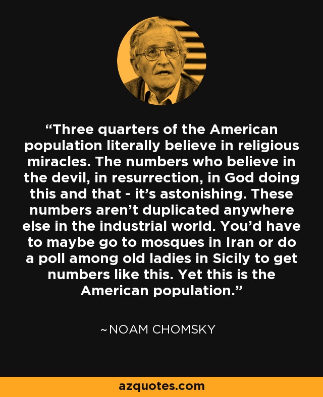 Three quarters of the American population literally believe in religious miracles. The numbers who believe in the devil, in resurrection, in God doing this and that - it's astonishing. These numbers aren't duplicated anywhere else in the industrial world. You'd have to maybe go to mosques in Iran or do a poll among old ladies in Sicily to get numbers like this. Yet this is the American population. - Noam Chomsky