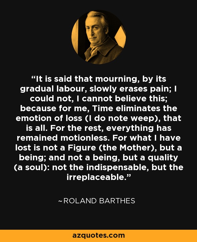 It is said that mourning, by its gradual labour, slowly erases pain; I could not, I cannot believe this; because for me, Time eliminates the emotion of loss (I do note weep), that is all. For the rest, everything has remained motionless. For what I have lost is not a Figure (the Mother), but a being; and not a being, but a quality (a soul): not the indispensable, but the irreplaceable. - Roland Barthes