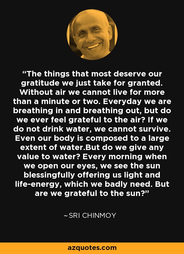 The things that most deserve our gratitude we just take for granted. Without air we cannot live for more than a minute or two. Everyday we are breathing in and breathing out, but do we ever feel grateful to the air? If we do not drink water, we cannot survive. Even our body is composed to a large extent of water.But do we give any value to water? Every morning when we open our eyes, we see the sun blessingfully offering us light and life-energy, which we badly need. But are we grateful to the sun? - Sri Chinmoy