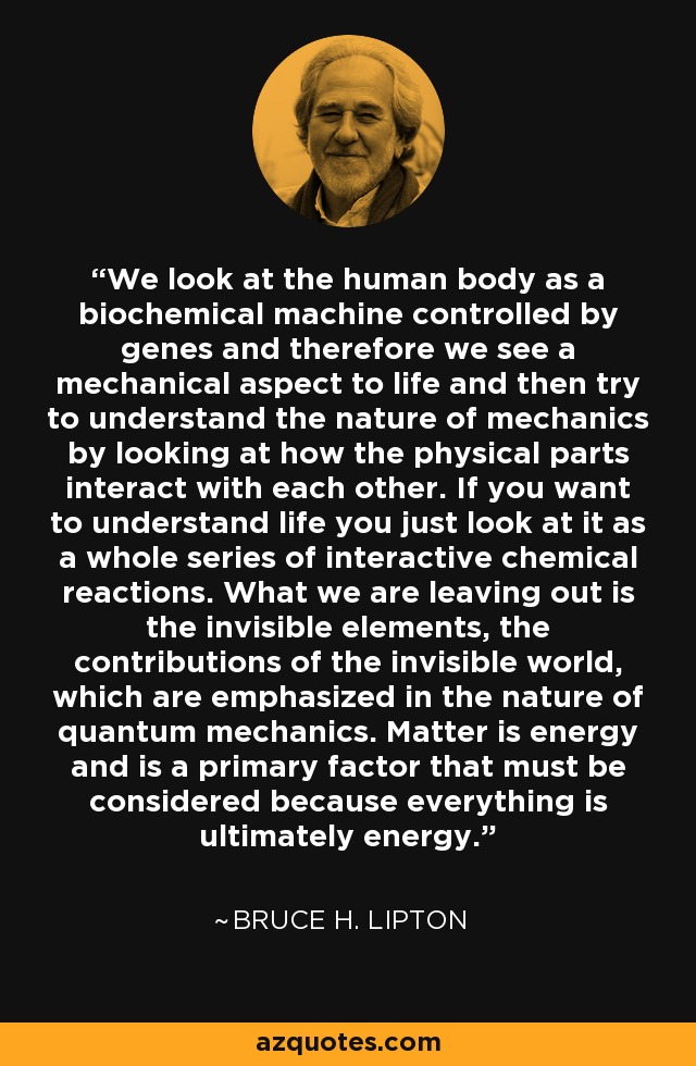 We look at the human body as a biochemical machine controlled by genes and therefore we see a mechanical aspect to life and then try to understand the nature of mechanics by looking at how the physical parts interact with each other. If you want to understand life you just look at it as a whole series of interactive chemical reactions. What we are leaving out is the invisible elements, the contributions of the invisible world, which are emphasized in the nature of quantum mechanics. Matter is energy and is a primary factor that must be considered because everything is ultimately energy. - Bruce H. Lipton