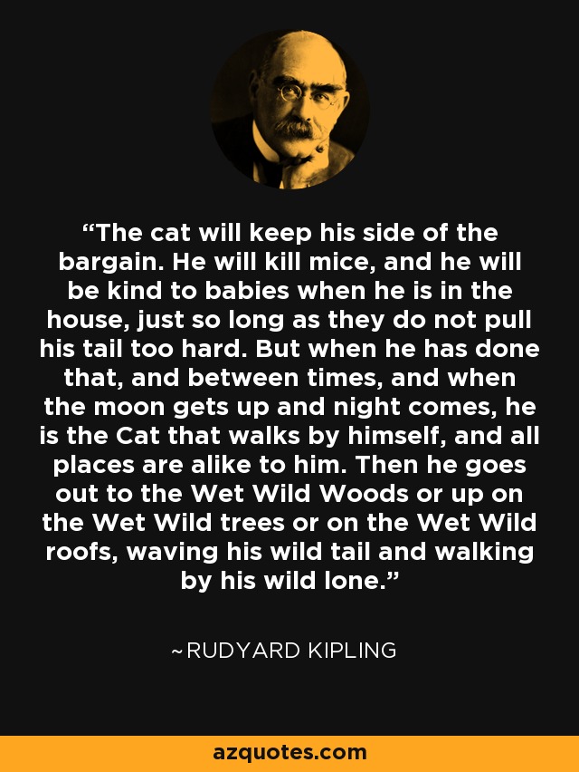 The cat will keep his side of the bargain. He will kill mice, and he will be kind to babies when he is in the house, just so long as they do not pull his tail too hard. But when he has done that, and between times, and when the moon gets up and night comes, he is the Cat that walks by himself, and all places are alike to him. Then he goes out to the Wet Wild Woods or up on the Wet Wild trees or on the Wet Wild roofs, waving his wild tail and walking by his wild lone. - Rudyard Kipling