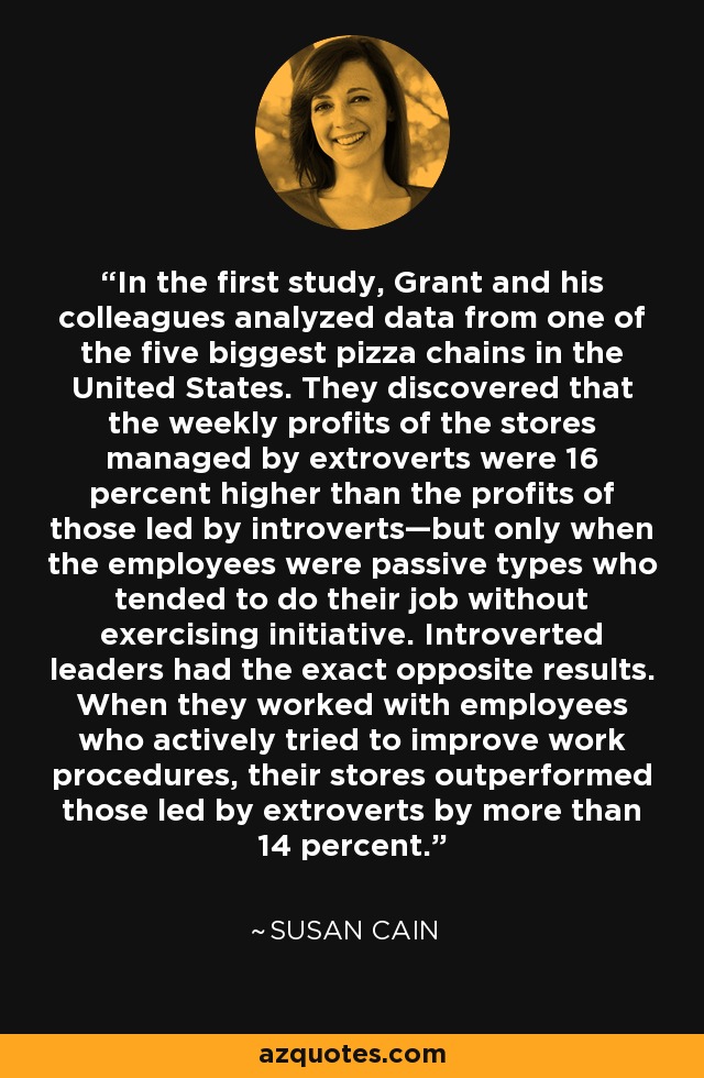 In the first study, Grant and his colleagues analyzed data from one of the five biggest pizza chains in the United States. They discovered that the weekly profits of the stores managed by extroverts were 16 percent higher than the profits of those led by introverts—but only when the employees were passive types who tended to do their job without exercising initiative. Introverted leaders had the exact opposite results. When they worked with employees who actively tried to improve work procedures, their stores outperformed those led by extroverts by more than 14 percent. - Susan Cain