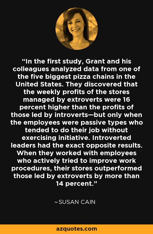 In the first study, Grant and his colleagues analyzed data from one of the five biggest pizza chains in the United States. They discovered that the weekly profits of the stores managed by extroverts were 16 percent higher than the profits of those led by introverts—but only when the employees were passive types who tended to do their job without exercising initiative. Introverted leaders had the exact opposite results. When they worked with employees who actively tried to improve work procedures, their stores outperformed those led by extroverts by more than 14 percent. - Susan Cain