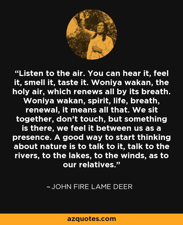 Listen to the air. You can hear it, feel it, smell it, taste it. Woniya wakan, the holy air, which renews all by its breath. Woniya wakan, spirit, life, breath, renewal, it means all that. We sit together, don’t touch, but something is there, we feel it between us as a presence. A good way to start thinking about nature is to talk to it, talk to the rivers, to the lakes, to the winds, as to our relatives. - John Fire Lame Deer
