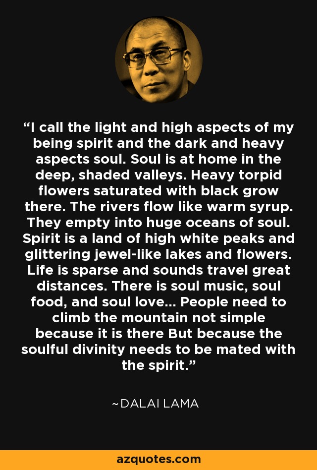 I call the light and high aspects of my being spirit and the dark and heavy aspects soul. Soul is at home in the deep, shaded valleys. Heavy torpid flowers saturated with black grow there. The rivers flow like warm syrup. They empty into huge oceans of soul. Spirit is a land of high white peaks and glittering jewel-like lakes and flowers. Life is sparse and sounds travel great distances. There is soul music, soul food, and soul love... People need to climb the mountain not simple because it is there But because the soulful divinity needs to be mated with the spirit. - Dalai Lama