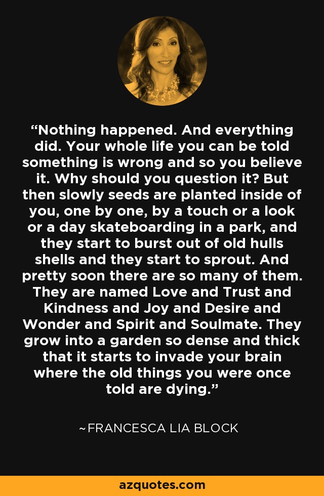 Nothing happened. And everything did. Your whole life you can be told something is wrong and so you believe it. Why should you question it? But then slowly seeds are planted inside of you, one by one, by a touch or a look or a day skateboarding in a park, and they start to burst out of old hulls shells and they start to sprout. And pretty soon there are so many of them. They are named Love and Trust and Kindness and Joy and Desire and Wonder and Spirit and Soulmate. They grow into a garden so dense and thick that it starts to invade your brain where the old things you were once told are dying. - Francesca Lia Block