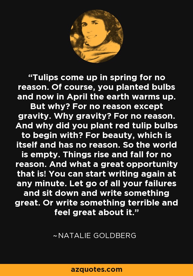 Tulips come up in spring for no reason. Of course, you planted bulbs and now in April the earth warms up. But why? For no reason except gravity. Why gravity? For no reason. And why did you plant red tulip bulbs to begin with? For beauty, which is itself and has no reason. So the world is empty. Things rise and fall for no reason. And what a great opportunity that is! You can start writing again at any minute. Let go of all your failures and sit down and write something great. Or write something terrible and feel great about it. - Natalie Goldberg