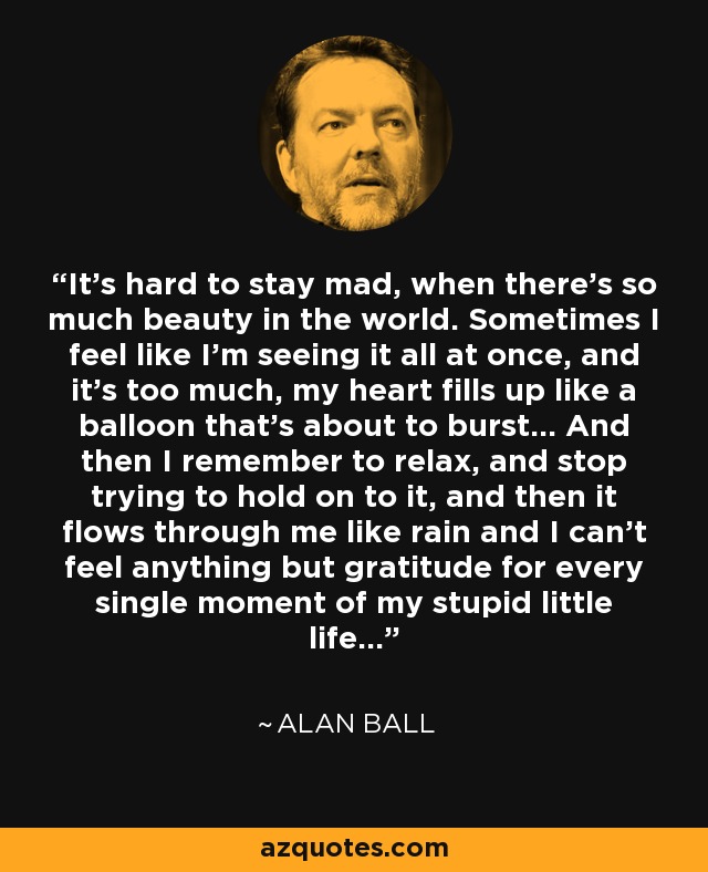 It’s hard to stay mad, when there’s so much beauty in the world. Sometimes I feel like I’m seeing it all at once, and it’s too much, my heart fills up like a balloon that’s about to burst... And then I remember to relax, and stop trying to hold on to it, and then it flows through me like rain and I can’t feel anything but gratitude for every single moment of my stupid little life... - Alan Ball