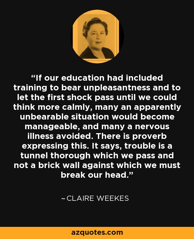 If our education had included training to bear unpleasantness and to let the first shock pass until we could think more calmly, many an apparently unbearable situation would become manageable, and many a nervous illness avoided. There is proverb expressing this. It says, trouble is a tunnel thorough which we pass and not a brick wall against which we must break our head. - Claire Weekes
