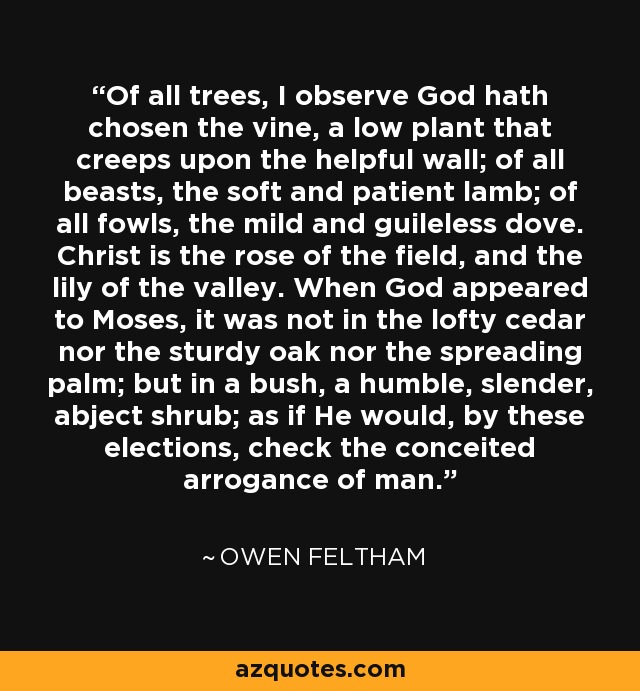 Of all trees, I observe God hath chosen the vine, a low plant that creeps upon the helpful wall; of all beasts, the soft and patient lamb; of all fowls, the mild and guileless dove. Christ is the rose of the field, and the lily of the valley. When God appeared to Moses, it was not in the lofty cedar nor the sturdy oak nor the spreading palm; but in a bush, a humble, slender, abject shrub; as if He would, by these elections, check the conceited arrogance of man. - Owen Feltham