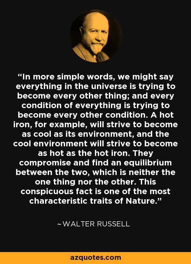 In more simple words, we might say everything in the universe is trying to become every other thing; and every condition of everything is trying to become every other condition. A hot iron, for example, will strive to become as cool as its environment, and the cool environment will strive to become as hot as the hot iron. They compromise and find an equilibrium between the two, which is neither the one thing nor the other. This conspicuous fact is one of the most characteristic traits of Nature. - Walter Russell