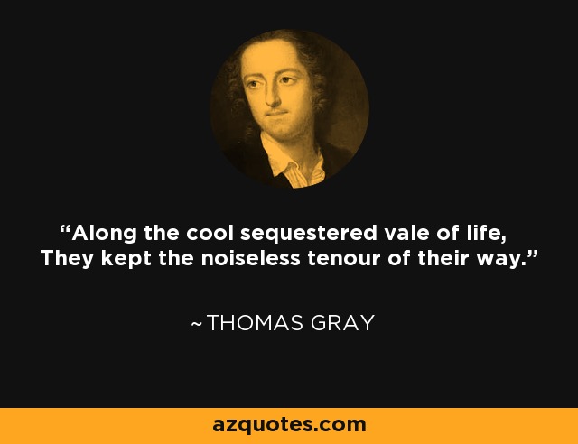 Along the cool sequestered vale of life, They kept the noiseless tenour of their way. - Thomas Gray