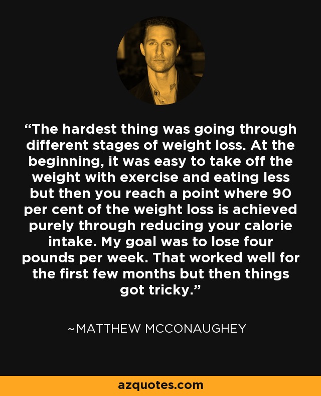 The hardest thing was going through different stages of weight loss. At the beginning, it was easy to take off the weight with exercise and eating less but then you reach a point where 90 per cent of the weight loss is achieved purely through reducing your calorie intake. My goal was to lose four pounds per week. That worked well for the first few months but then things got tricky. - Matthew McConaughey