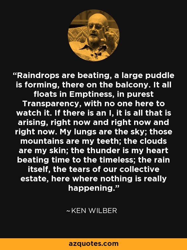 Raindrops are beating, a large puddle is forming, there on the balcony. It all floats in Emptiness, in purest Transparency, with no one here to watch it. If there is an I, it is all that is arising, right now and right now and right now. My lungs are the sky; those mountains are my teeth; the clouds are my skin; the thunder is my heart beating time to the timeless; the rain itself, the tears of our collective estate, here where nothing is really happening. - Ken Wilber