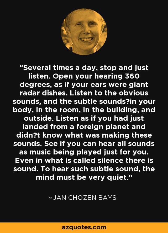 Several times a day, stop and just listen. Open your hearing 360 degrees, as if your ears were giant radar dishes. Listen to the obvious sounds, and the subtle soundsin your body, in the room, in the building, and outside. Listen as if you had just landed from a foreign planet and didnt know what was making these sounds. See if you can hear all sounds as music being played just for you. Even in what is called silence there is sound. To hear such subtle sound, the mind must be very quiet. - Jan Chozen Bays