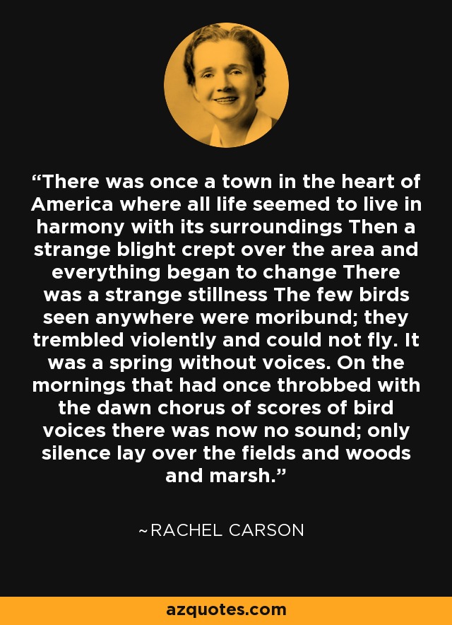 There was once a town in the heart of America where all life seemed to live in harmony with its surroundings Then a strange blight crept over the area and everything began to change There was a strange stillness The few birds seen anywhere were moribund; they trembled violently and could not fly. It was a spring without voices. On the mornings that had once throbbed with the dawn chorus of scores of bird voices there was now no sound; only silence lay over the fields and woods and marsh. - Rachel Carson