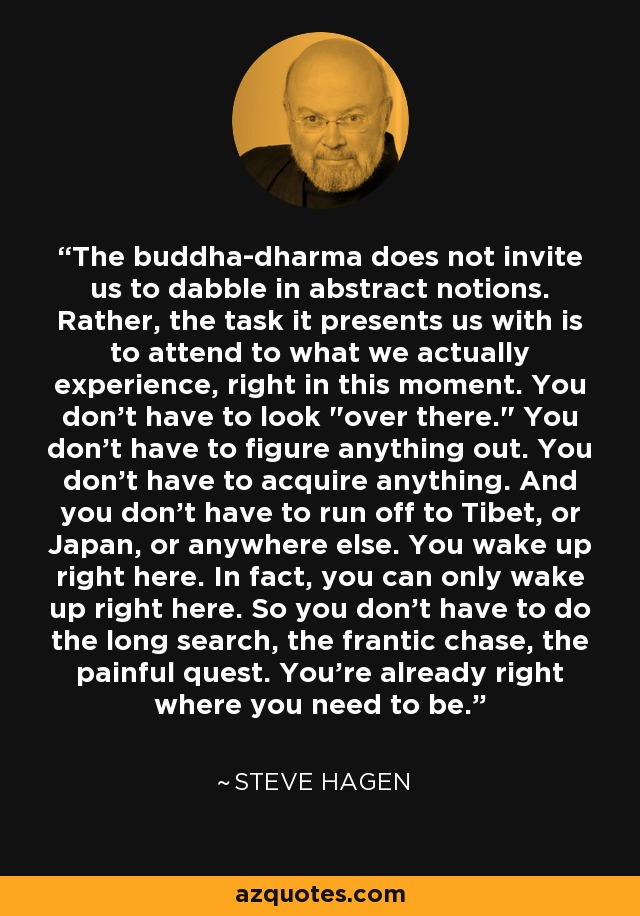 The buddha-dharma does not invite us to dabble in abstract notions. Rather, the task it presents us with is to attend to what we actually experience, right in this moment. You don't have to look 