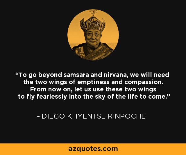 To go beyond samsara and nirvana, we will need the two wings of emptiness and compassion. From now on, let us use these two wings to fly fearlessly into the sky of the life to come. - Dilgo Khyentse Rinpoche