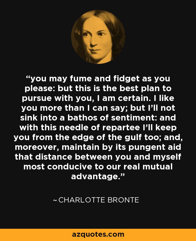 you may fume and fidget as you please: but this is the best plan to pursue with you, I am certain. I like you more than I can say; but I’ll not sink into a bathos of sentiment: and with this needle of repartee I’ll keep you from the edge of the gulf too; and, moreover, maintain by its pungent aid that distance between you and myself most conducive to our real mutual advantage. - Charlotte Bronte