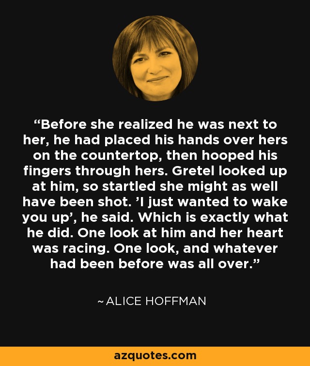 Before she realized he was next to her, he had placed his hands over hers on the countertop, then hooped his fingers through hers. Gretel looked up at him, so startled she might as well have been shot. 'I just wanted to wake you up', he said. Which is exactly what he did. One look at him and her heart was racing. One look, and whatever had been before was all over. - Alice Hoffman