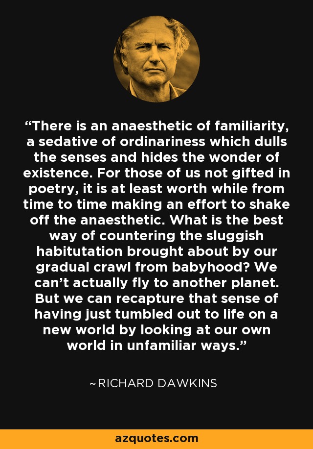 There is an anaesthetic of familiarity, a sedative of ordinariness which dulls the senses and hides the wonder of existence. For those of us not gifted in poetry, it is at least worth while from time to time making an effort to shake off the anaesthetic. What is the best way of countering the sluggish habitutation brought about by our gradual crawl from babyhood? We can't actually fly to another planet. But we can recapture that sense of having just tumbled out to life on a new world by looking at our own world in unfamiliar ways. - Richard Dawkins