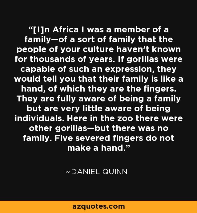 [I]n Africa I was a member of a family—of a sort of family that the people of your culture haven't known for thousands of years. If gorillas were capable of such an expression, they would tell you that their family is like a hand, of which they are the fingers. They are fully aware of being a family but are very little aware of being individuals. Here in the zoo there were other gorillas—but there was no family. Five severed fingers do not make a hand. - Daniel Quinn