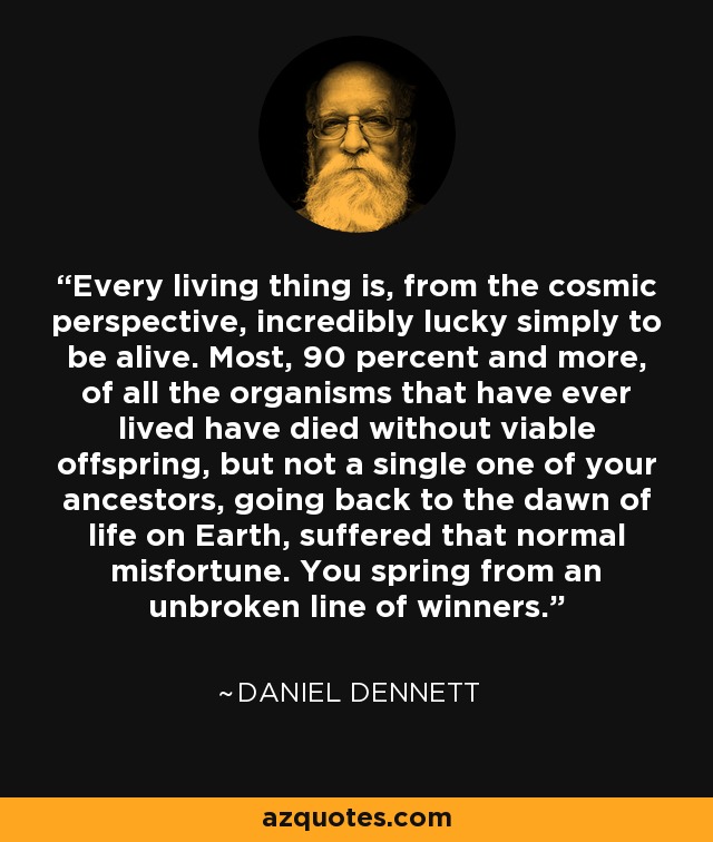 Every living thing is, from the cosmic perspective, incredibly lucky simply to be alive. Most, 90 percent and more, of all the organisms that have ever lived have died without viable offspring, but not a single one of your ancestors, going back to the dawn of life on Earth, suffered that normal misfortune. You spring from an unbroken line of winners. - Daniel Dennett