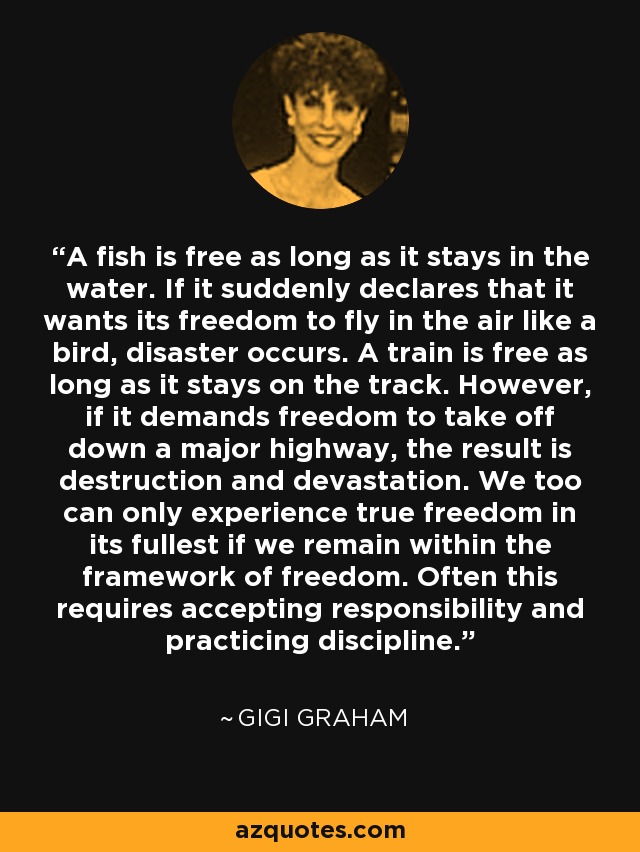 A fish is free as long as it stays in the water. If it suddenly declares that it wants its freedom to fly in the air like a bird, disaster occurs. A train is free as long as it stays on the track. However, if it demands freedom to take off down a major highway, the result is destruction and devastation. We too can only experience true freedom in its fullest if we remain within the framework of freedom. Often this requires accepting responsibility and practicing discipline. - Gigi Graham