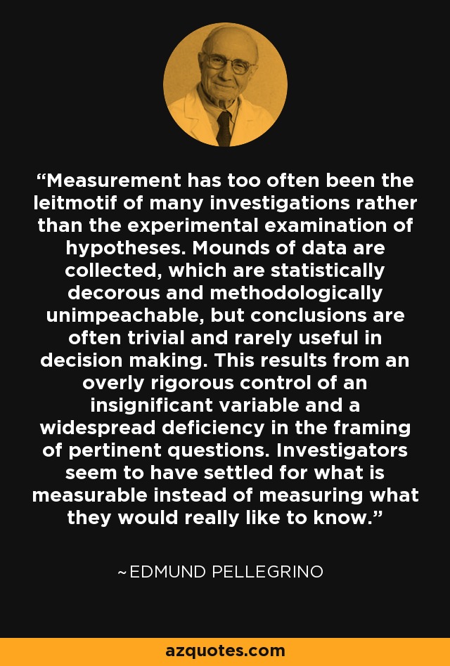 Measurement has too often been the leitmotif of many investigations rather than the experimental examination of hypotheses. Mounds of data are collected, which are statistically decorous and methodologically unimpeachable, but conclusions are often trivial and rarely useful in decision making. This results from an overly rigorous control of an insignificant variable and a widespread deficiency in the framing of pertinent questions. Investigators seem to have settled for what is measurable instead of measuring what they would really like to know. - Edmund Pellegrino