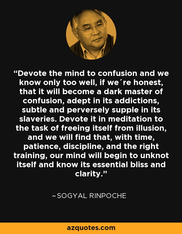 Devote the mind to confusion and we know only too well, if we´re honest, that it will become a dark master of confusion, adept in its addictions, subtle and perversely supple in its slaveries. Devote it in meditation to the task of freeing itself from illusion, and we will find that, with time, patience, discipline, and the right training, our mind will begin to unknot itself and know its essential bliss and clarity. - Sogyal Rinpoche
