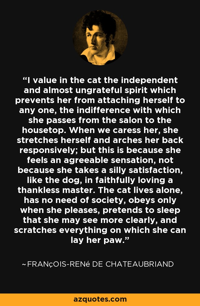 I value in the cat the independent and almost ungrateful spirit which prevents her from attaching herself to any one, the indifference with which she passes from the salon to the housetop. When we caress her, she stretches herself and arches her back responsively; but this is because she feels an agreeable sensation, not because she takes a silly satisfaction, like the dog, in faithfully loving a thankless master. The cat lives alone, has no need of society, obeys only when she pleases, pretends to sleep that she may see more clearly, and scratches everything on which she can lay her paw. - François-René de Chateaubriand