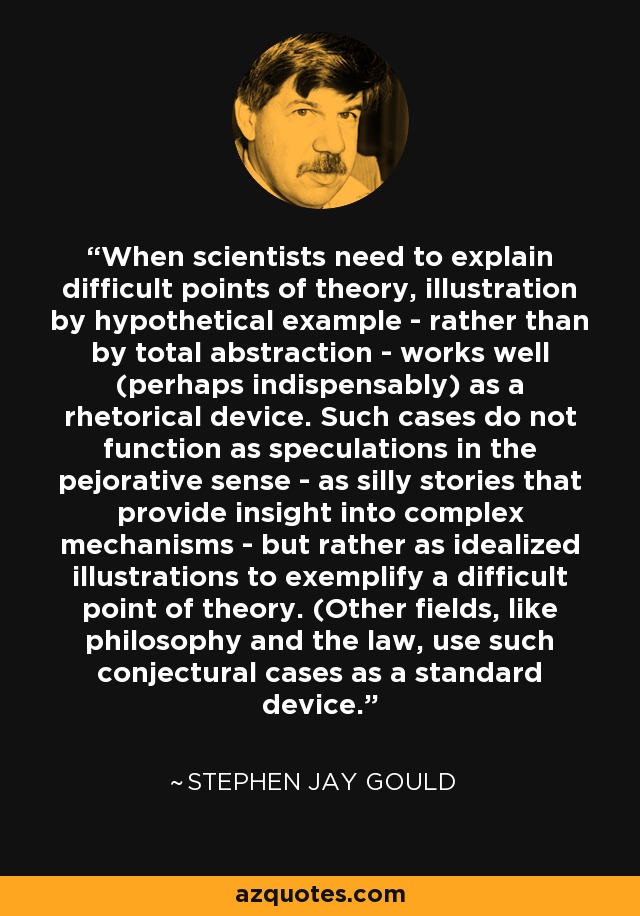 When scientists need to explain difficult points of theory, illustration by hypothetical example - rather than by total abstraction - works well (perhaps indispensably) as a rhetorical device. Such cases do not function as speculations in the pejorative sense - as silly stories that provide insight into complex mechanisms - but rather as idealized illustrations to exemplify a difficult point of theory. (Other fields, like philosophy and the law, use such conjectural cases as a standard device. - Stephen Jay Gould