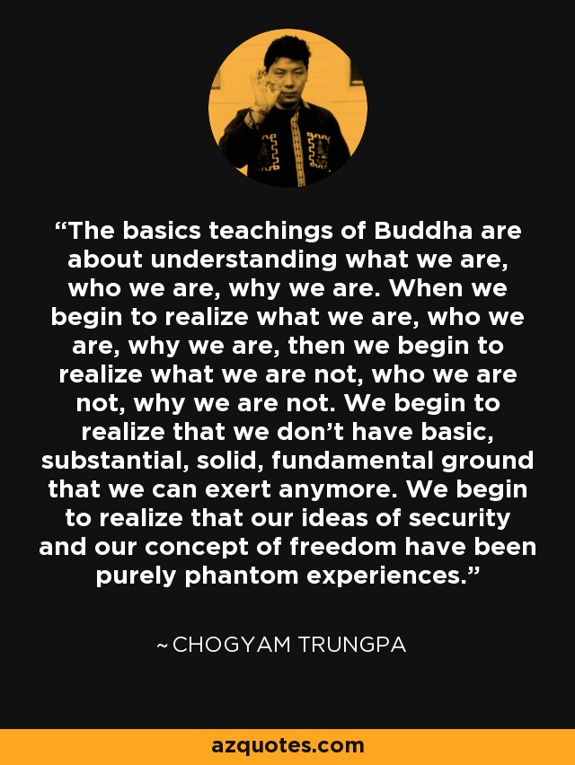 The basics teachings of Buddha are about understanding what we are, who we are, why we are. When we begin to realize what we are, who we are, why we are, then we begin to realize what we are not, who we are not, why we are not. We begin to realize that we don't have basic, substantial, solid, fundamental ground that we can exert anymore. We begin to realize that our ideas of security and our concept of freedom have been purely phantom experiences. - Chogyam Trungpa