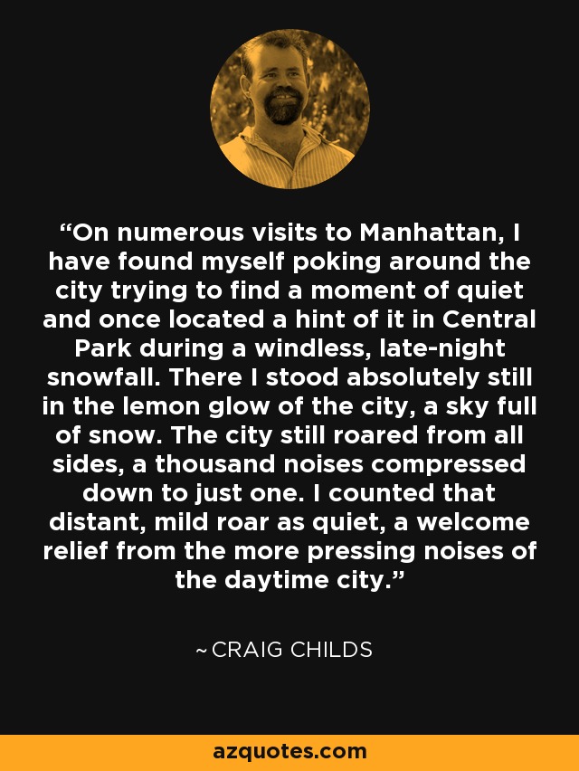 On numerous visits to Manhattan, I have found myself poking around the city trying to find a moment of quiet and once located a hint of it in Central Park during a windless, late-night snowfall. There I stood absolutely still in the lemon glow of the city, a sky full of snow. The city still roared from all sides, a thousand noises compressed down to just one. I counted that distant, mild roar as quiet, a welcome relief from the more pressing noises of the daytime city. - Craig Childs