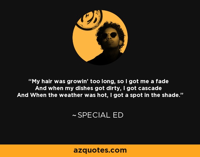 My hair was growin' too long, so I got me a fade And when my dishes got dirty, I got cascade And When the weather was hot, I got a spot in the shade. - Special Ed