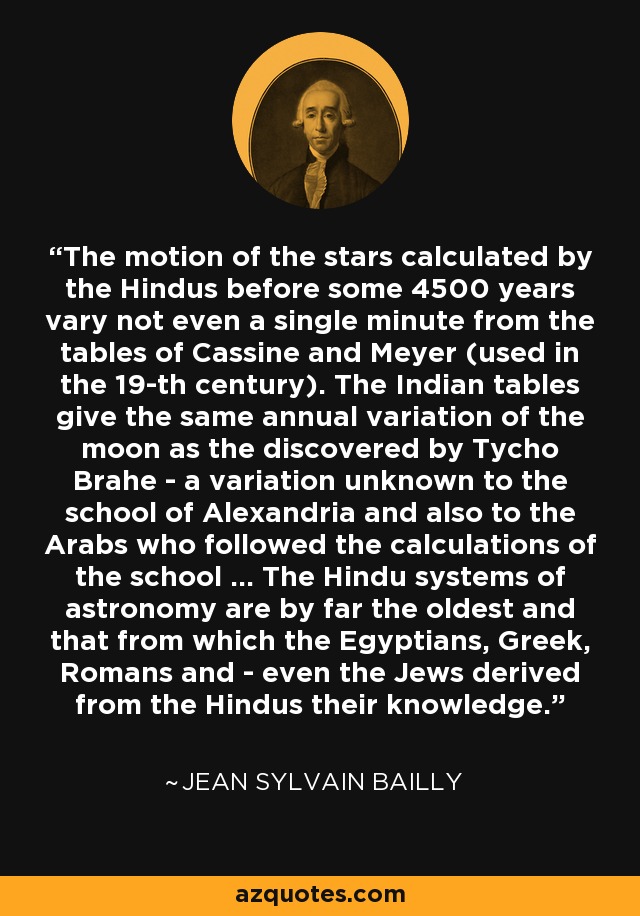 The motion of the stars calculated by the Hindus before some 4500 years vary not even a single minute from the tables of Cassine and Meyer (used in the 19-th century). The Indian tables give the same annual variation of the moon as the discovered by Tycho Brahe - a variation unknown to the school of Alexandria and also to the Arabs who followed the calculations of the school ... The Hindu systems of astronomy are by far the oldest and that from which the Egyptians, Greek, Romans and - even the Jews derived from the Hindus their knowledge. - Jean Sylvain Bailly