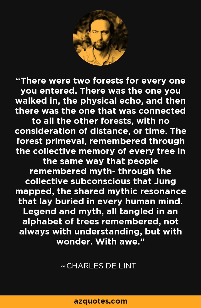 There were two forests for every one you entered. There was the one you walked in, the physical echo, and then there was the one that was connected to all the other forests, with no consideration of distance, or time. The forest primeval, remembered through the collective memory of every tree in the same way that people remembered myth- through the collective subconscious that Jung mapped, the shared mythic resonance that lay buried in every human mind. Legend and myth, all tangled in an alphabet of trees remembered, not always with understanding, but with wonder. With awe. - Charles de Lint