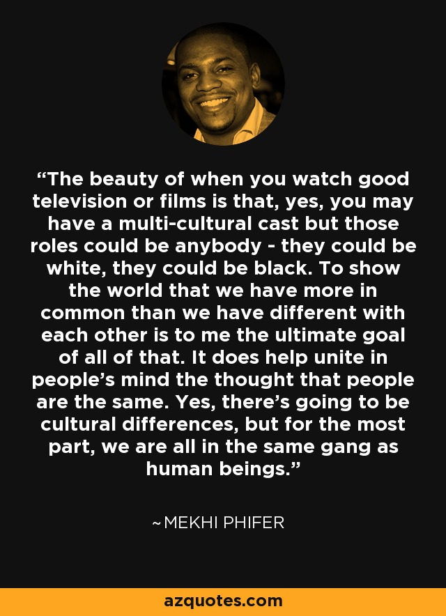 The beauty of when you watch good television or films is that, yes, you may have a multi-cultural cast but those roles could be anybody - they could be white, they could be black. To show the world that we have more in common than we have different with each other is to me the ultimate goal of all of that. It does help unite in people's mind the thought that people are the same. Yes, there's going to be cultural differences, but for the most part, we are all in the same gang as human beings. - Mekhi Phifer
