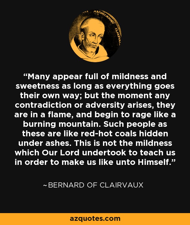 Many appear full of mildness and sweetness as long as everything goes their own way; but the moment any contradiction or adversity arises, they are in a flame, and begin to rage like a burning mountain. Such people as these are like red-hot coals hidden under ashes. This is not the mildness which Our Lord undertook to teach us in order to make us like unto Himself. - Bernard of Clairvaux