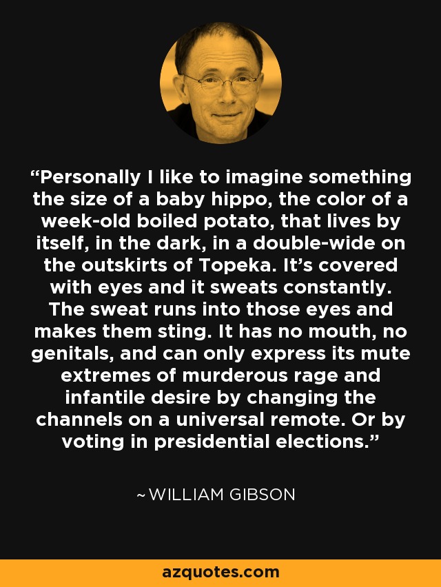 Personally I like to imagine something the size of a baby hippo, the color of a week-old boiled potato, that lives by itself, in the dark, in a double-wide on the outskirts of Topeka. It's covered with eyes and it sweats constantly. The sweat runs into those eyes and makes them sting. It has no mouth, no genitals, and can only express its mute extremes of murderous rage and infantile desire by changing the channels on a universal remote. Or by voting in presidential elections. - William Gibson