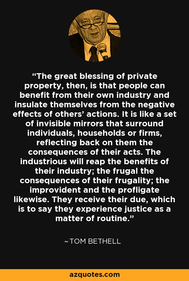 The great blessing of private property, then, is that people can benefit from their own industry and insulate themselves from the negative effects of others' actions. It is like a set of invisible mirrors that surround individuals, households or firms, reflecting back on them the consequences of their acts. The industrious will reap the benefits of their industry; the frugal the consequences of their frugality; the improvident and the profligate likewise. They receive their due, which is to say they experience justice as a matter of routine. - Tom Bethell