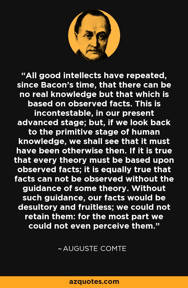 All good intellects have repeated, since Bacon's time, that there can be no real knowledge but that which is based on observed facts. This is incontestable, in our present advanced stage; but, if we look back to the primitive stage of human knowledge, we shall see that it must have been otherwise then. If it is true that every theory must be based upon observed facts; it is equally true that facts can not be observed without the guidance of some theory. Without such guidance, our facts would be desultory and fruitless; we could not retain them: for the most part we could not even perceive them. - Auguste Comte