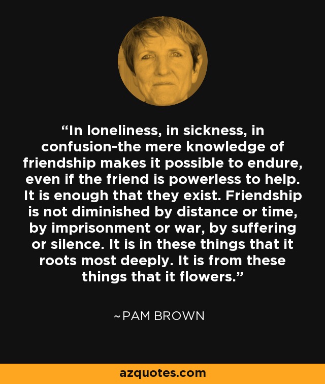 In loneliness, in sickness, in confusion-the mere knowledge of friendship makes it possible to endure, even if the friend is powerless to help. It is enough that they exist. Friendship is not diminished by distance or time, by imprisonment or war, by suffering or silence. It is in these things that it roots most deeply. It is from these things that it flowers. - Pam Brown