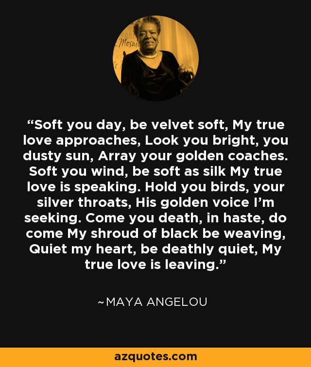 Soft you day, be velvet soft, My true love approaches, Look you bright, you dusty sun, Array your golden coaches. Soft you wind, be soft as silk My true love is speaking. Hold you birds, your silver throats, His golden voice I'm seeking. Come you death, in haste, do come My shroud of black be weaving, Quiet my heart, be deathly quiet, My true love is leaving. - Maya Angelou