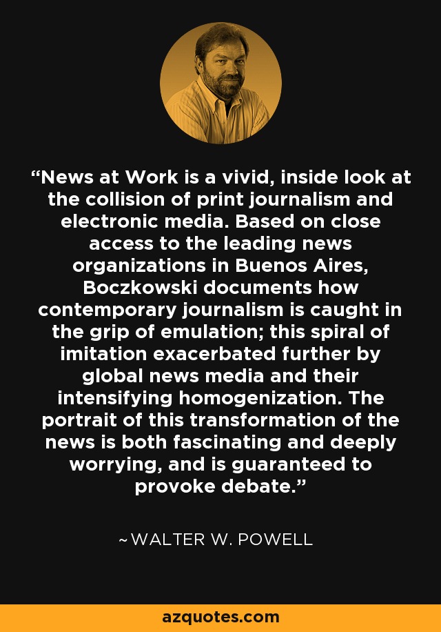 News at Work is a vivid, inside look at the collision of print journalism and electronic media. Based on close access to the leading news organizations in Buenos Aires, Boczkowski documents how contemporary journalism is caught in the grip of emulation; this spiral of imitation exacerbated further by global news media and their intensifying homogenization. The portrait of this transformation of the news is both fascinating and deeply worrying, and is guaranteed to provoke debate. - Walter W. Powell