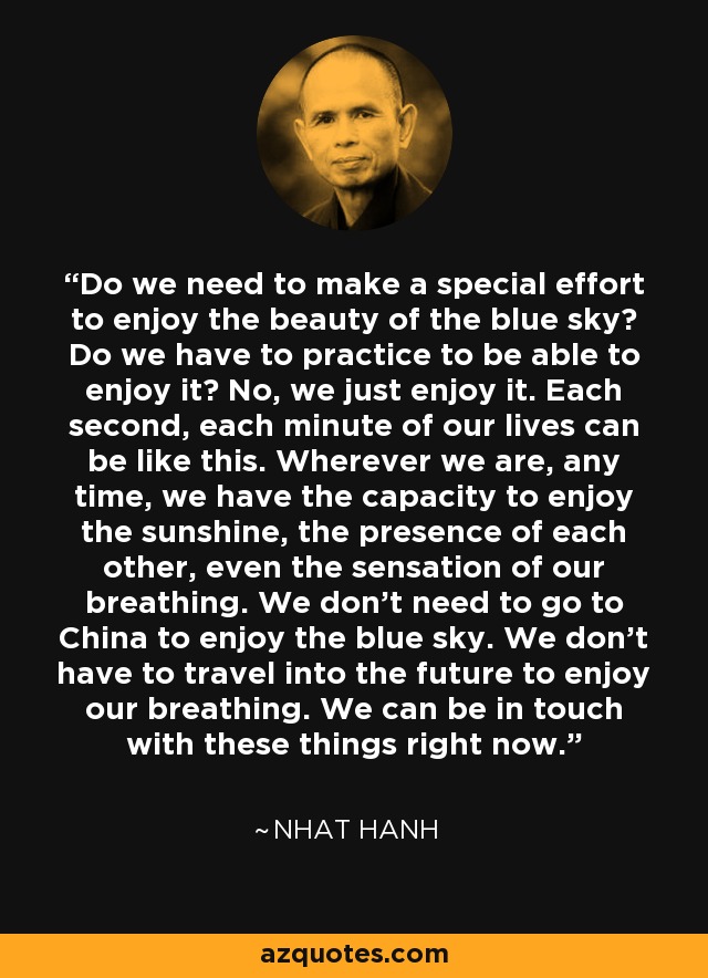 Do we need to make a special effort to enjoy the beauty of the blue sky? Do we have to practice to be able to enjoy it? No, we just enjoy it. Each second, each minute of our lives can be like this. Wherever we are, any time, we have the capacity to enjoy the sunshine, the presence of each other, even the sensation of our breathing. We don't need to go to China to enjoy the blue sky. We don't have to travel into the future to enjoy our breathing. We can be in touch with these things right now. - Nhat Hanh