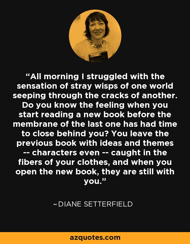 All morning I struggled with the sensation of stray wisps of one world seeping through the cracks of another. Do you know the feeling when you start reading a new book before the membrane of the last one has had time to close behind you? You leave the previous book with ideas and themes -- characters even -- caught in the fibers of your clothes, and when you open the new book, they are still with you. - Diane Setterfield