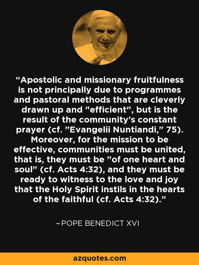 Apostolic and missionary fruitfulness is not principally due to programmes and pastoral methods that are cleverly drawn up and 